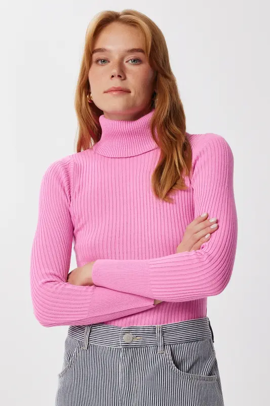 Kadın Açık Pembe Boğazlı Fitilli Likralı Kazak DD01007-Açık Pembe - 3