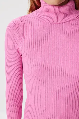 Kadın Açık Pembe Boğazlı Fitilli Likralı Kazak DD01007-Açık Pembe - 5