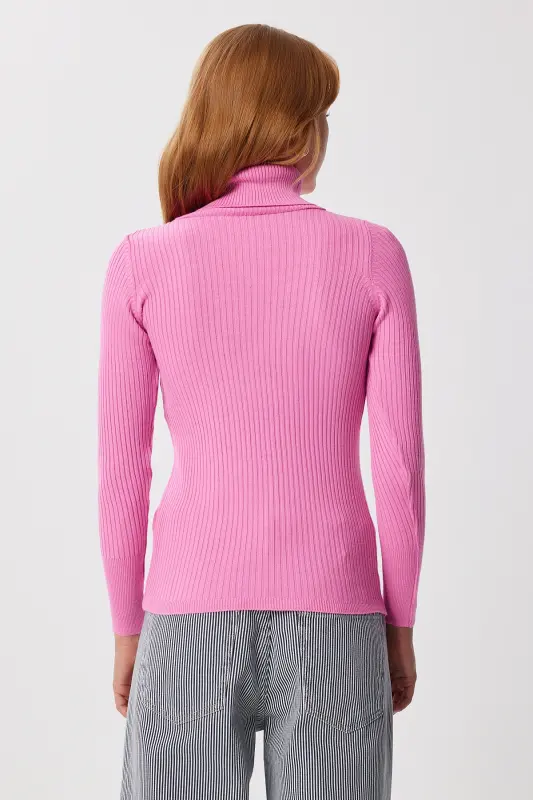 Kadın Açık Pembe Boğazlı Fitilli Likralı Kazak DD01007-Açık Pembe - 6