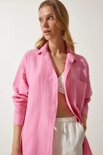 Kadın Açık Pembe Cepli Oversize Müslin Gömlek MX00150 - Açık Pembe - 3