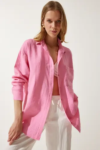 Kadın Açık Pembe Cepli Oversize Müslin Gömlek MX00150 - Açık Pembe - 4