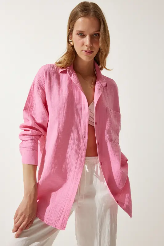 Kadın Açık Pembe Cepli Oversize Müslin Gömlek MX00150 - Açık Pembe - 4