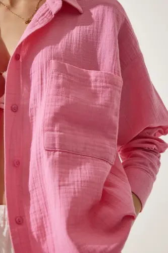 Kadın Açık Pembe Cepli Oversize Müslin Gömlek MX00150 - Açık Pembe - 5