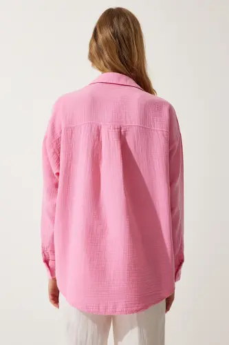 Kadın Açık Pembe Cepli Oversize Müslin Gömlek MX00150 - Açık Pembe - 6