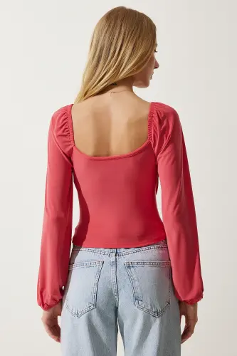 Kadın Açık Pembe Elastik Balon Kollu Sandy Örme Bluz FF00154 - Açık Pembe - 5