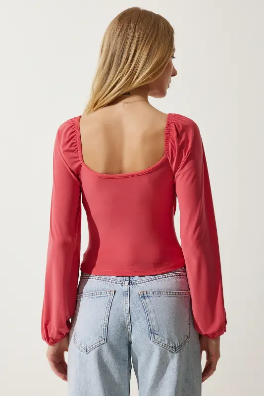Kadın Açık Pembe Elastik Balon Kollu Sandy Örme Bluz FF00154 - Açık Pembe - 5