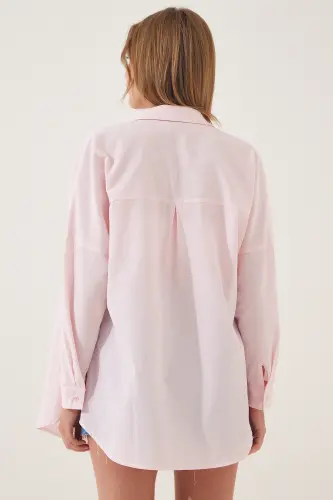 Kadın Açık Pembe Oversize Uzun Basic Gömlek DD00842-Açık Pembe - 3