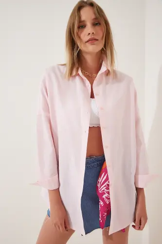 Kadın Açık Pembe Oversize Uzun Basic Gömlek DD00842-Açık Pembe - HAPPINESS İSTANBUL (1)