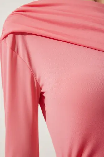 Kadın Açık Pembe Tek Omuz Büzgü Detaylı Örme Bluz ZH00032 - Açık Pembe - 5