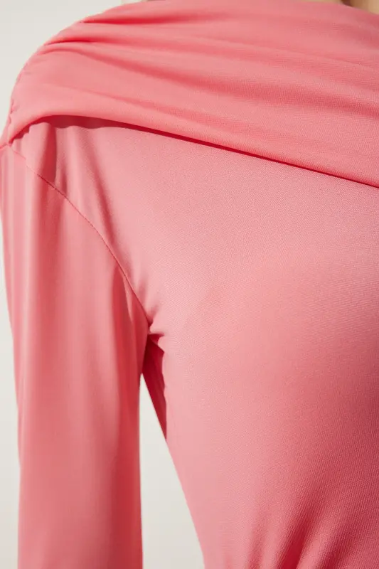 Kadın Açık Pembe Tek Omuz Büzgü Detaylı Örme Bluz ZH00032 - Açık Pembe - 5