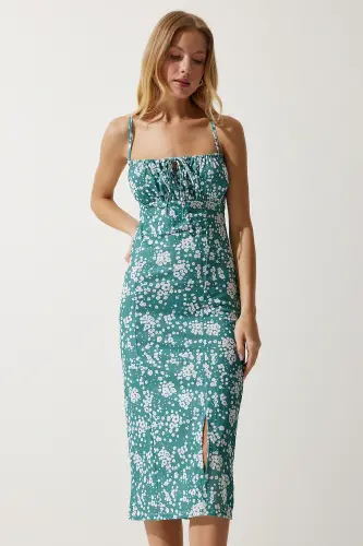 Kadın Açık Petrol Yeşili Çiçekli Yırtmaçlı Yazlık Örme Elbise CI00029-Açık Petrol Yeşili - 1