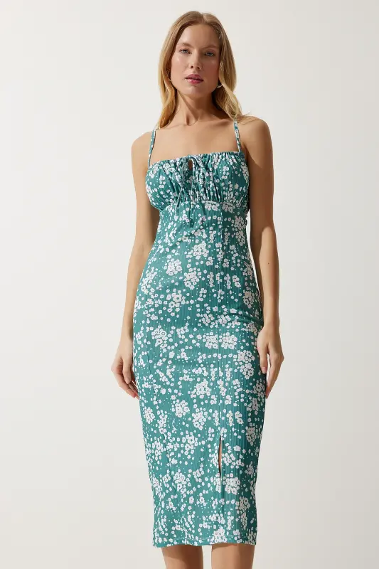 Kadın Açık Petrol Yeşili Çiçekli Yırtmaçlı Yazlık Örme Elbise CI00029-Açık Petrol Yeşili - 2