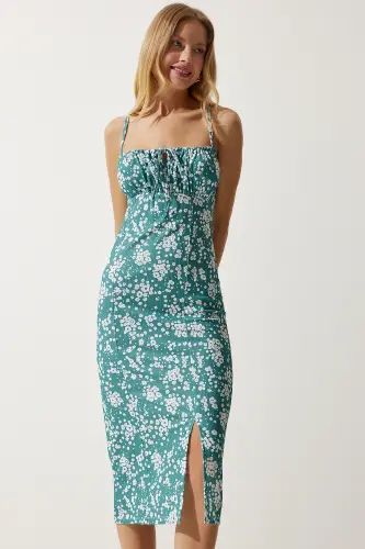 Kadın Açık Petrol Yeşili Çiçekli Yırtmaçlı Yazlık Örme Elbise CI00029-Açık Petrol Yeşili - 3