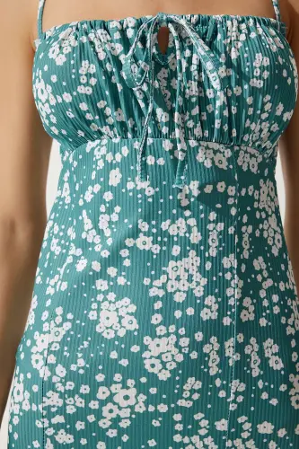 Kadın Açık Petrol Yeşili Çiçekli Yırtmaçlı Yazlık Örme Elbise CI00029-Açık Petrol Yeşili - 4