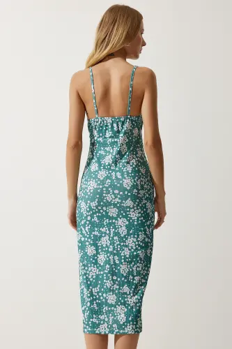 Kadın Açık Petrol Yeşili Çiçekli Yırtmaçlı Yazlık Örme Elbise CI00029-Açık Petrol Yeşili - 5