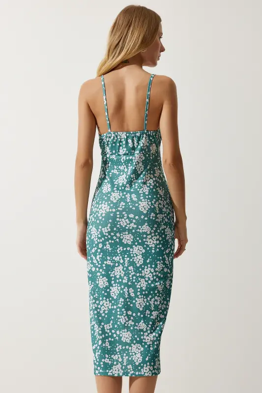 Kadın Açık Petrol Yeşili Çiçekli Yırtmaçlı Yazlık Örme Elbise CI00029-Açık Petrol Yeşili - 5