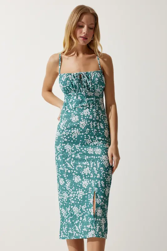 Hellpetrolgrünes Sommer-Strickkleid mit Blumenmuster und Schlitz für Damen CI00029 - Leichtöl Grün - HAPPINESS İSTANBUL