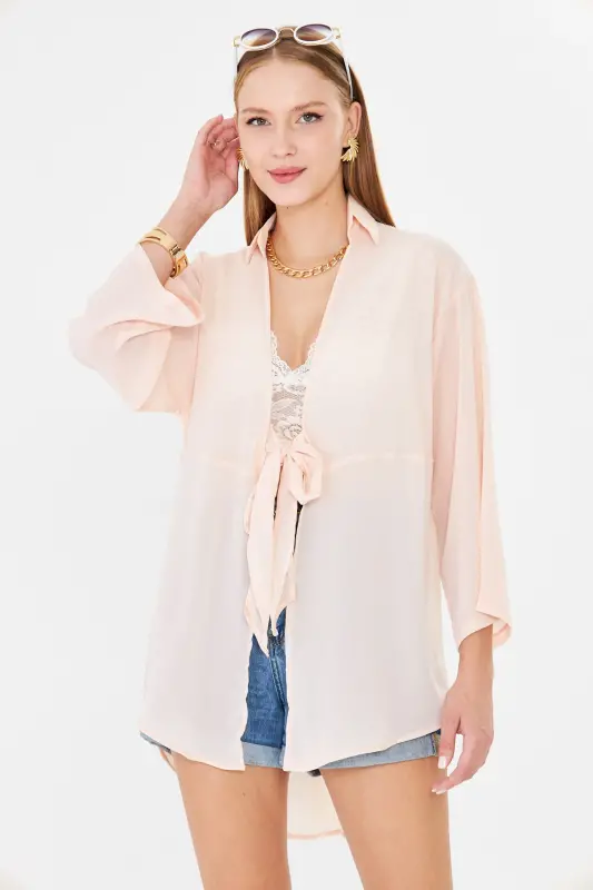 Kadın Açık Pudra Kendinden Çizgili Önden Bağlamalı Kimono Gömlek ARM-24Y001101-Açık Pudra - 1