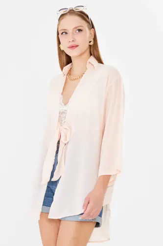 Kadın Açık Pudra Kendinden Çizgili Önden Bağlamalı Kimono Gömlek ARM-24Y001101-Açık Pudra - 3