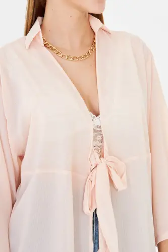 Kadın Açık Pudra Kendinden Çizgili Önden Bağlamalı Kimono Gömlek ARM-24Y001101-Açık Pudra - 5