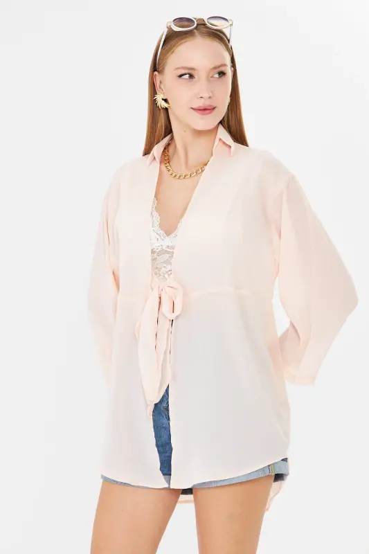 Kadın Açık Pudra Kendinden Çizgili Önden Bağlamalı Kimono Gömlek ARM-24Y001101 - Açık Pudra - 3