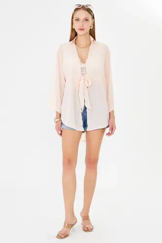 Kadın Açık Pudra Kendinden Çizgili Önden Bağlamalı Kimono Gömlek ARM-24Y001101-Açık Pudra - 4