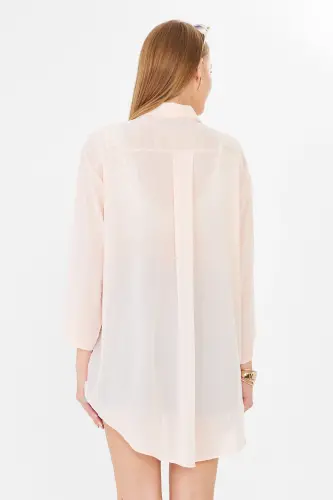 Kadın Açık Pudra Kendinden Çizgili Önden Bağlamalı Kimono Gömlek ARM-24Y001101-Açık Pudra - 6