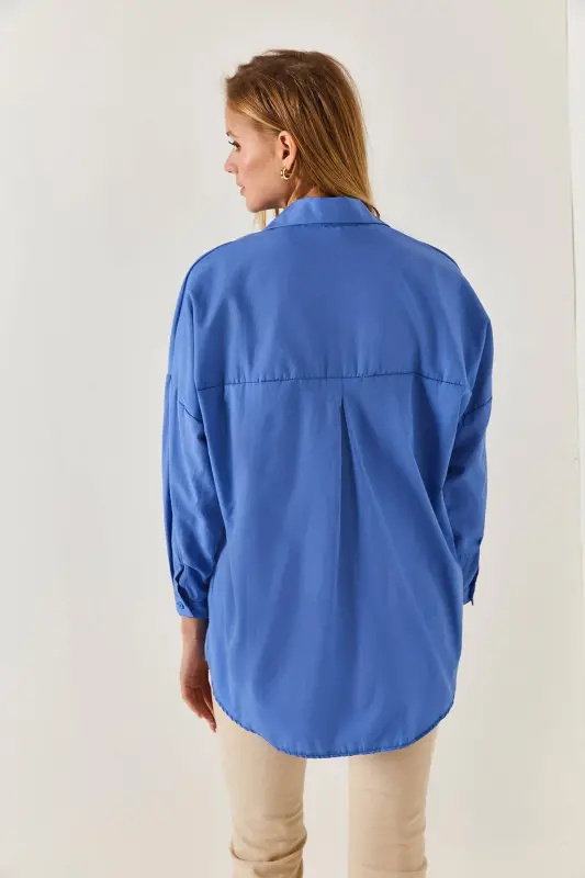 Kadın Açık Saks Oversize Uzun Basic Gömlek Arm-22y001118-Açık Saks - 4