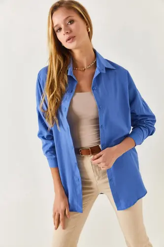 Kadın Açık Saks Oversize Uzun Basic Gömlek Arm-22y001118-Açık Saks - ARMONIKA (1)
