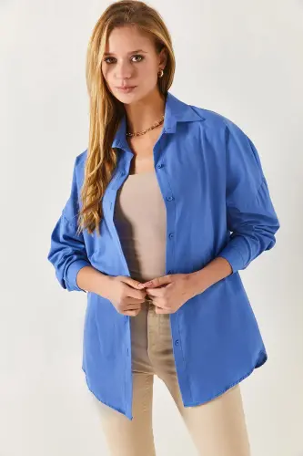 Kadın Açık Saks Oversize Uzun Basic Gömlek Arm-22y001118-Açık Saks - 3