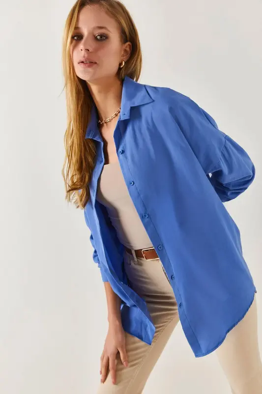 Kadın Açık Saks Oversize Uzun Basic Gömlek Arm-22y001118-Açık Saks - 1