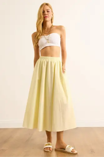 Kadın Açık Sarı Cepli Beli Lastikli Midi Dokuma Çan Etek ETK-19000271-Açık Sarı 