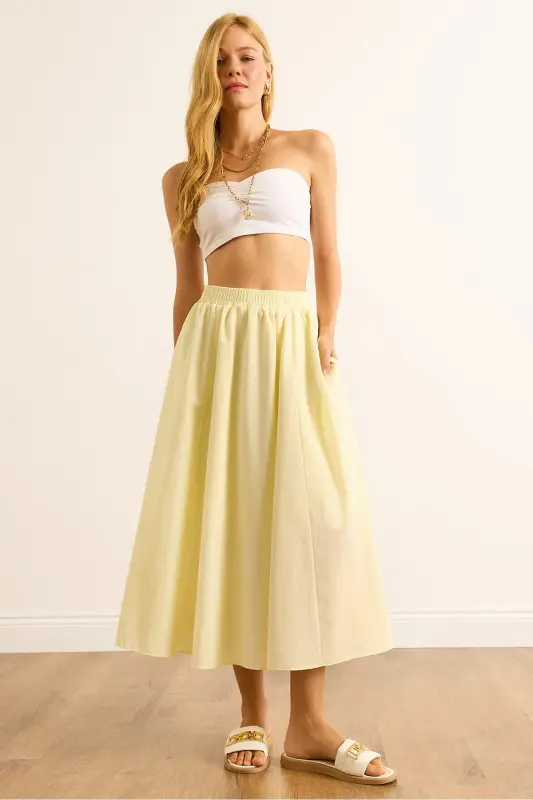 Kadın Açık Sarı Cepli Beli Lastikli Midi Dokuma Çan Etek ETK-19000271-Açık Sarı - 1