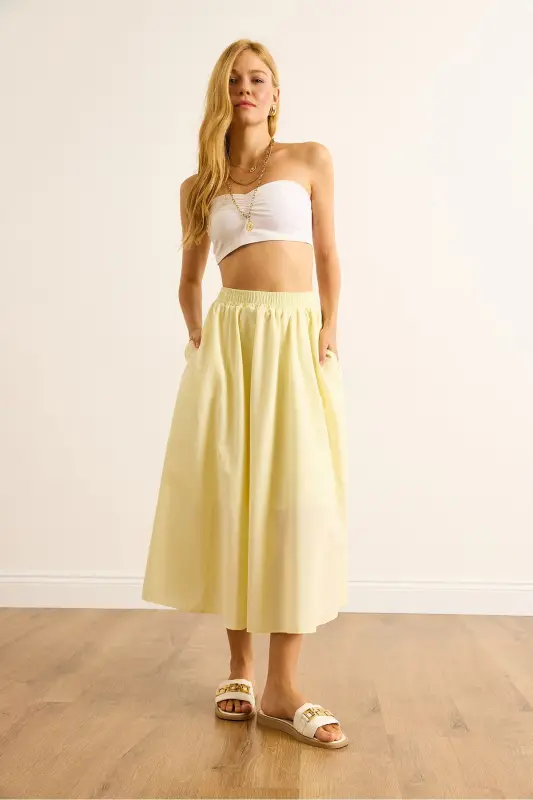 Kadın Açık Sarı Cepli Beli Lastikli Midi Dokuma Çan Etek ETK-19000271-Açık Sarı - 2