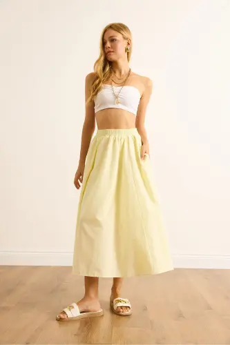 Kadın Açık Sarı Cepli Beli Lastikli Midi Dokuma Çan Etek ETK-19000271-Açık Sarı - 3