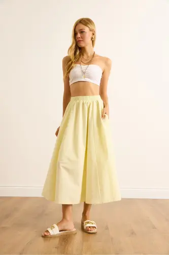 Kadın Açık Sarı Cepli Beli Lastikli Midi Dokuma Çan Etek ETK-19000271-Açık Sarı - 4