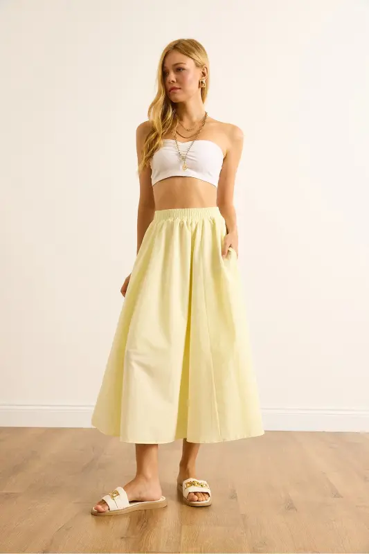 Kadın Açık Sarı Cepli Beli Lastikli Midi Dokuma Çan Etek ETK-19000271-Açık Sarı - 4