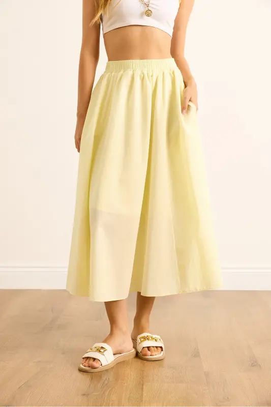 Kadın Açık Sarı Cepli Beli Lastikli Midi Dokuma Çan Etek ETK-19000271-Açık Sarı - 5