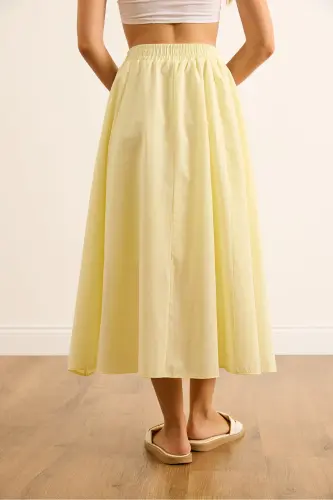 Kadın Açık Sarı Cepli Beli Lastikli Midi Dokuma Çan Etek ETK-19000271-Açık Sarı - 6
