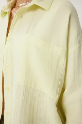 Kadın Açık Sarı Oversize Basic Müslin Gömlek MX00150 - Açık Sarı - 4