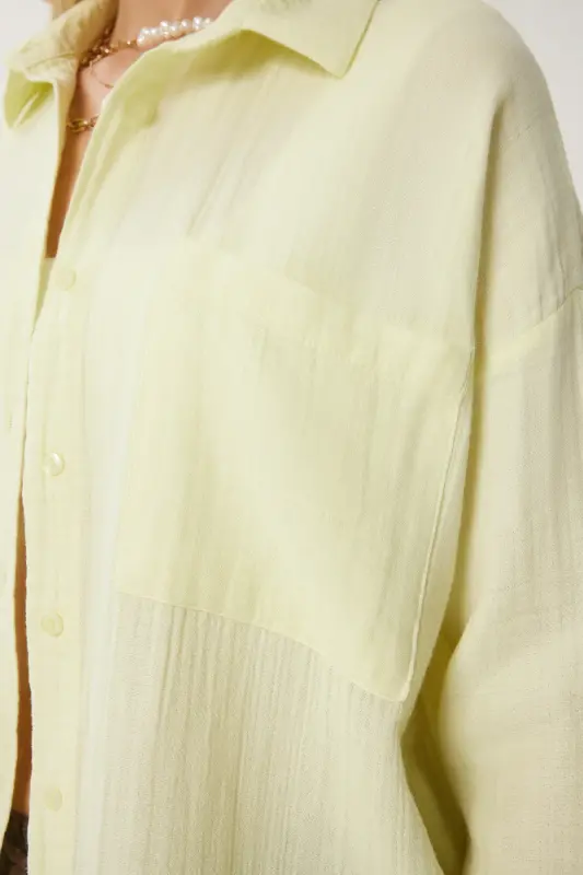 Kadın Açık Sarı Oversize Basic Müslin Gömlek MX00150 - Açık Sarı - 4