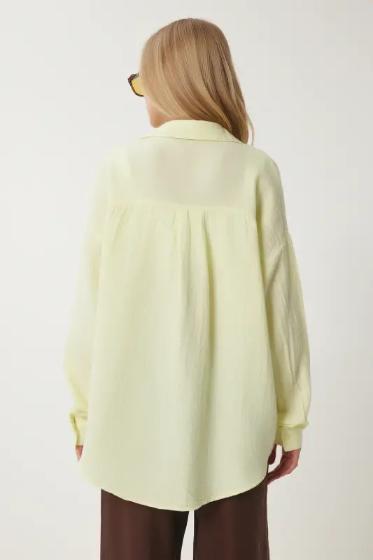 Kadın Açık Sarı Oversize Basic Müslin Gömlek MX00150 - Açık Sarı - 5