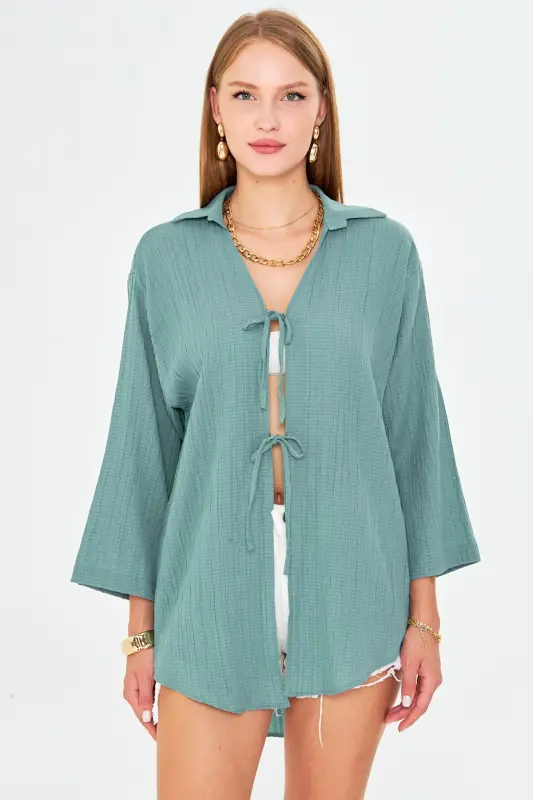 Kadın Açık Turkuaz Gömlek Yakalı Önden Bağcıklı Kimono Gömlek ARM-25K001006 - Açık Turkuaz - 1