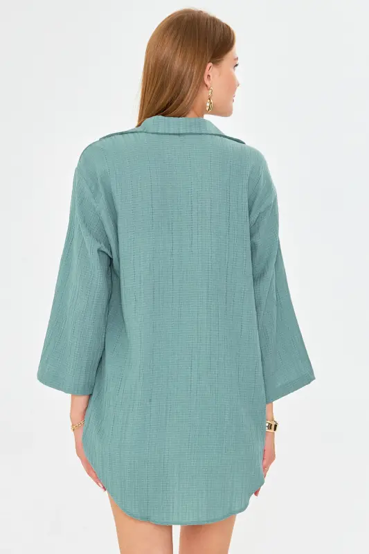 Kadın Açık Turkuaz Gömlek Yakalı Önden Bağcıklı Kimono Gömlek ARM-25K001006 - Açık Turkuaz - 5