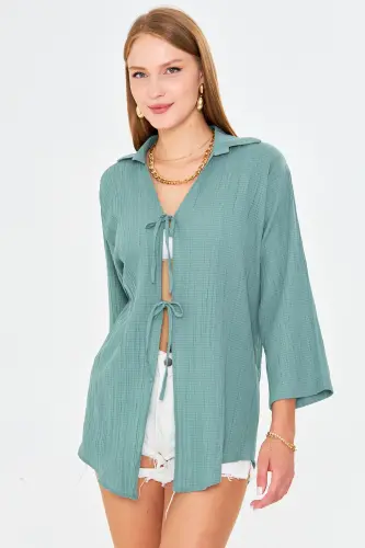 Kadın Açık Turkuaz Gömlek Yakalı Önden Bağcıklı Kimono Gömlek ARM-25K001006-Açık Turkuaz - 3