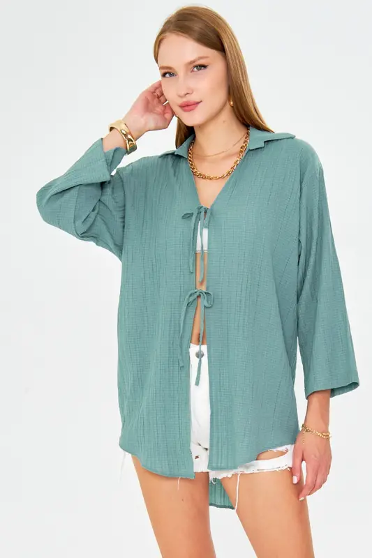 Kadın Açık Turkuaz Gömlek Yakalı Önden Bağcıklı Kimono Gömlek ARM-25K001006-Açık Turkuaz - 4