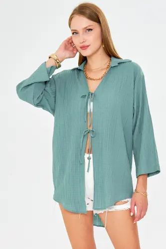 Kadın Açık Turkuaz Gömlek Yakalı Önden Bağcıklı Kimono Gömlek ARM-25K001006-Açık Turkuaz - 4