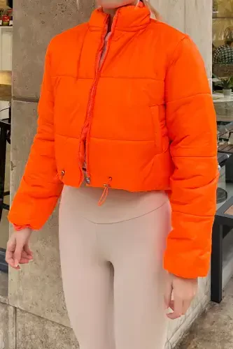 Kadın Açık Turuncu Dik Yaka Çift Cepli Beli Lastikli Şişme Puffer Mont ALC-X7684-AÇIK TURUNCU - TREND ALAÇATI STILI (1)