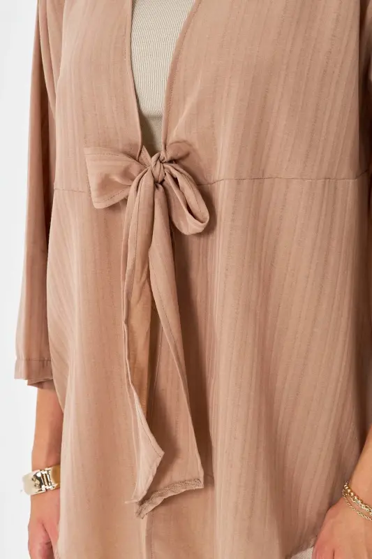 Kadın Açık Vizon Kendinden Çizgili Önden Bağlamalı Kimono Gömlek ARM-24Y001101-Açık Vizon - 2