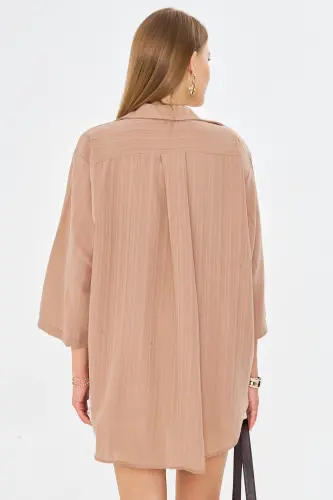 Kadın Açık Vizon Kendinden Çizgili Önden Bağlamalı Kimono Gömlek ARM-24Y001101-Açık Vizon - 4